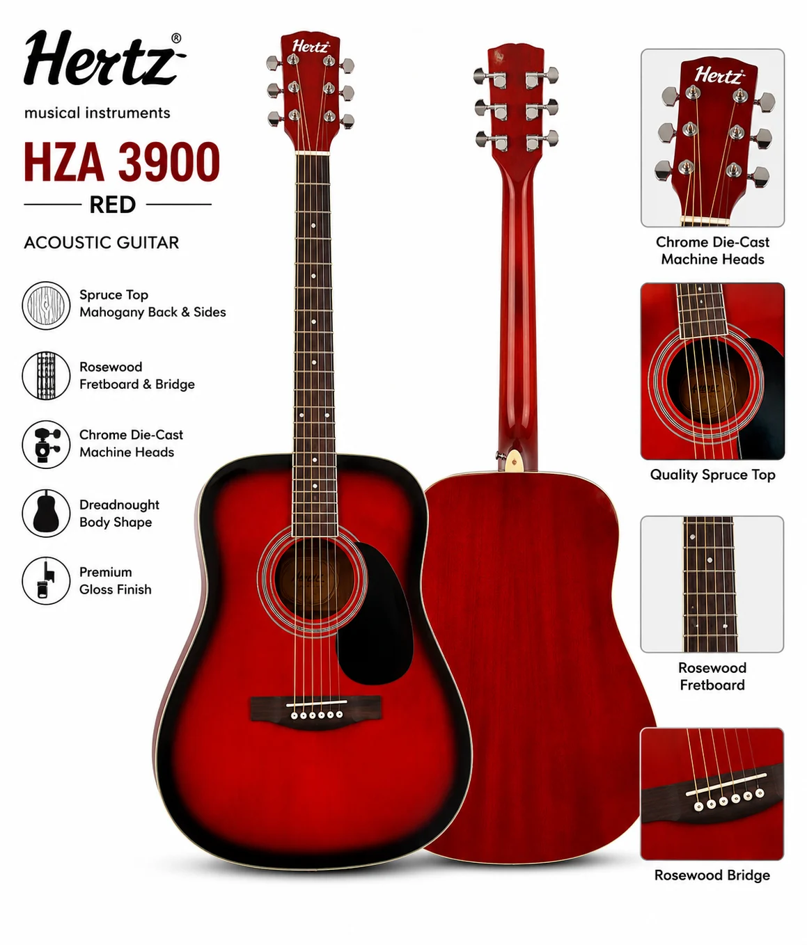 Hertz Acoustic Guitar HZA 3900 - Red