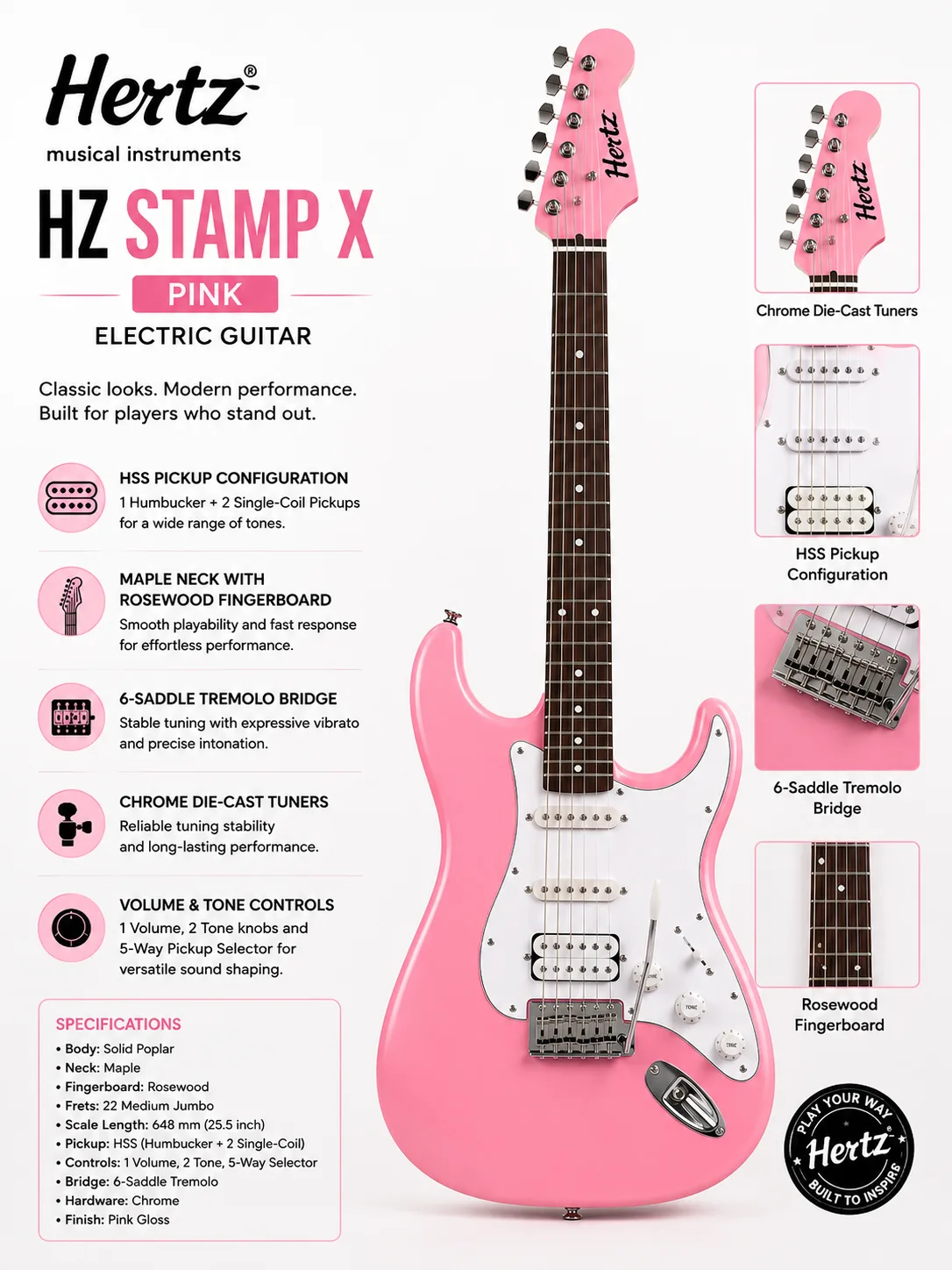 Hertz Electric Guitar HZ STAMP X - Pink