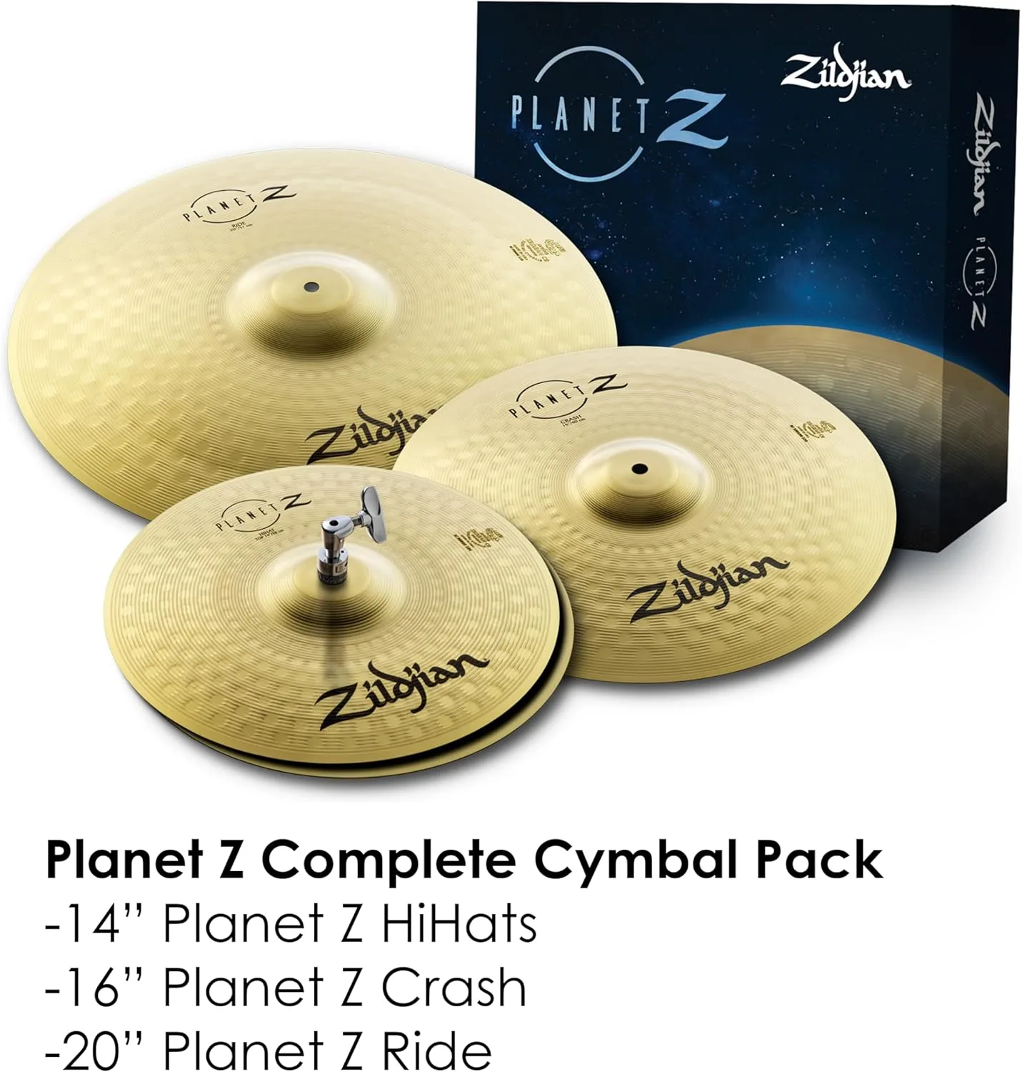 Zildjian Planet Z ZP4PK Complete Cymbal Pack – 14" Hi-Hats, 16" Crash & 20" Ride