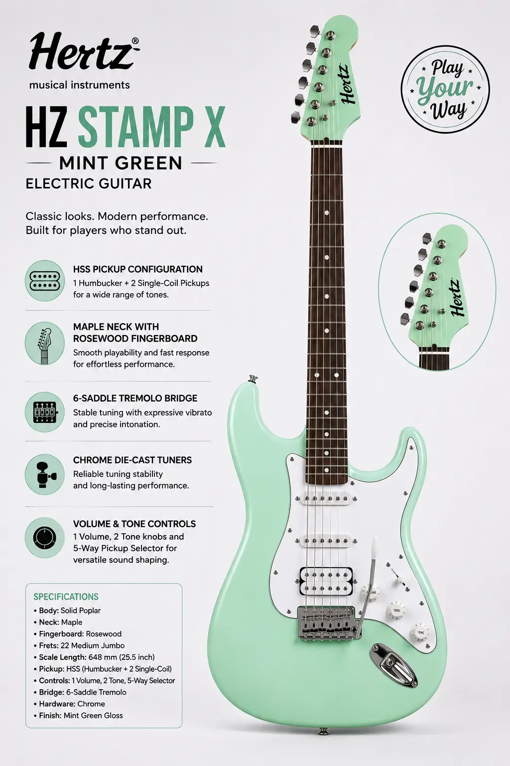 Hertz Electric Guitar HZ STAMP X - Mint Green